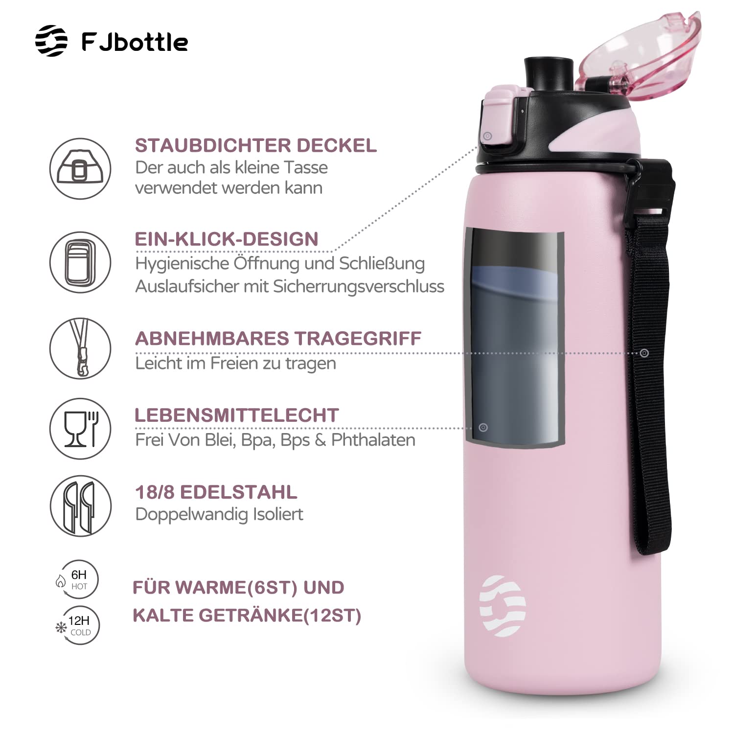Fjbottle Borraccia Termica acciaio inox 1L, 800ml, 600ml, 400ml Bottiglia Termica per bambini Senza Perdite - Senza BPA Borracce palestra per Scuola, Sport, Yoga, Palestra