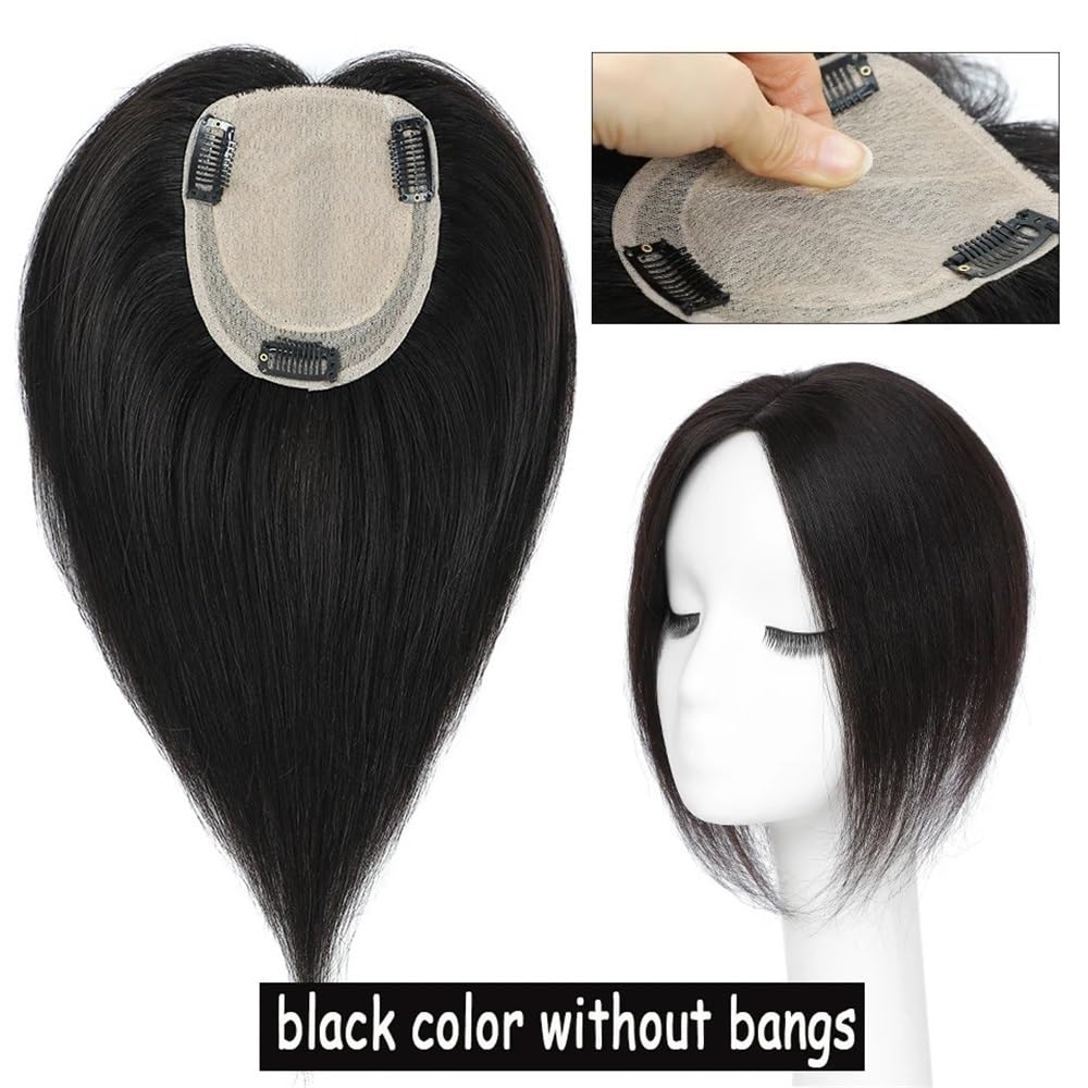 Topper for Frauen, Echthaar, 10 x 12 cm, Seidenbasis, 150 Dichte, Clip-In-Topper-Haarteile, Wiglet-Top-Stücke for mehr Volumen Haar Extensions(Black No Bangs,10inch)