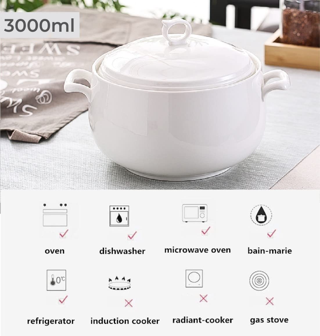 Tureen de cerámica con tapa, 3 L de gran capacidad para servir con asas dobles para cocina, porcelana, blanco puro, apto para microondas y lavavajillas (tipo 1)