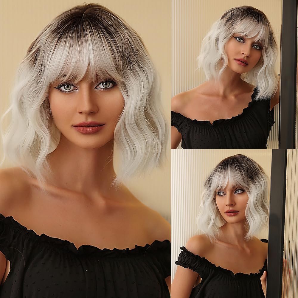 Sapphirewigs Silver Wig Synthetic Short Wavy Bob Wig Fringe Ombre Grey Dark Roots Daily Party Date Christmas Halloween Natural Looking Hair 12 inch