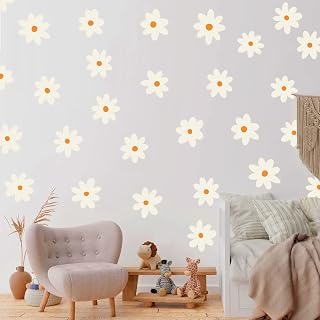 White Daisy Wall Decals for Baby Girls Toddler Kids Bedroom, Retro Flower Wall Decals Peel and Stick Vinyl Daisy Floral Wall Stickers for Nursery Playroom Living Room Classroom Wall Decor