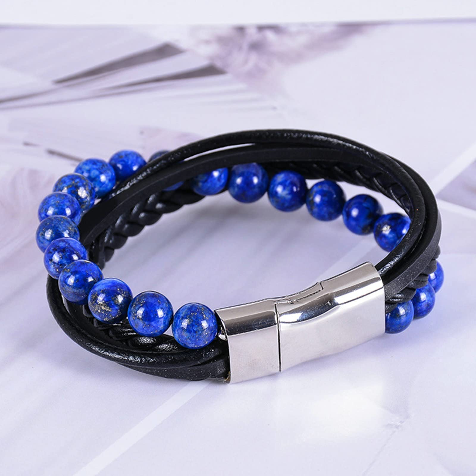 Perlenarmbänder für Herren, mehrschichtiges geflochtenes Steinarmband aus Leder, Gothic-Armband für Herren, 21 cm