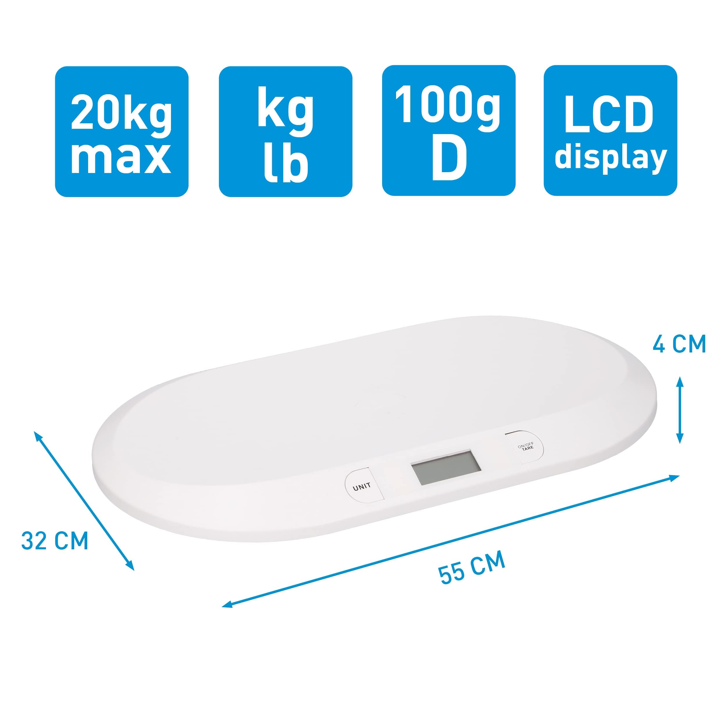 Grundig Babywaage Digital - Waage Max. 20 Kg - Personenwaage mit LED Anzeige - Baby Waage mit Tarafunktion und Display - Inkl. Batterien - Weiß
