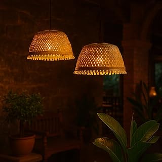 Boho Bamboo Hanging Lamp Handmade Pendant Light for Living Room, farmhouse, Café Decorative Ceiling Lampshade for Home Decor Sustainable Lighting, Lampshade Only (Set of 2)