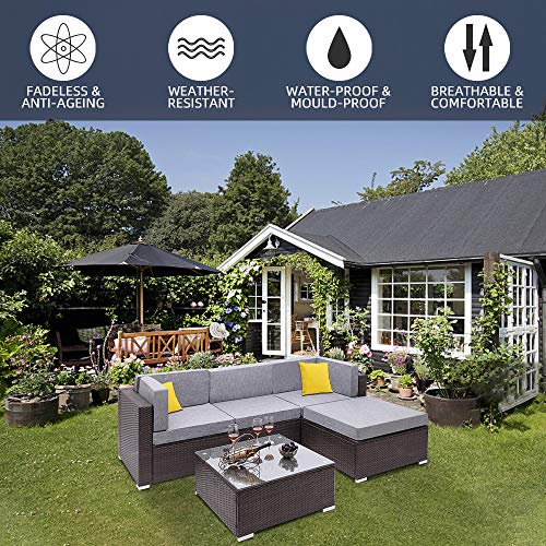 FAVOR Conjunto de Sofá Moderno de Canto de Vime de Rattan com Almofadas para Jardim ao Ar Livre Conj