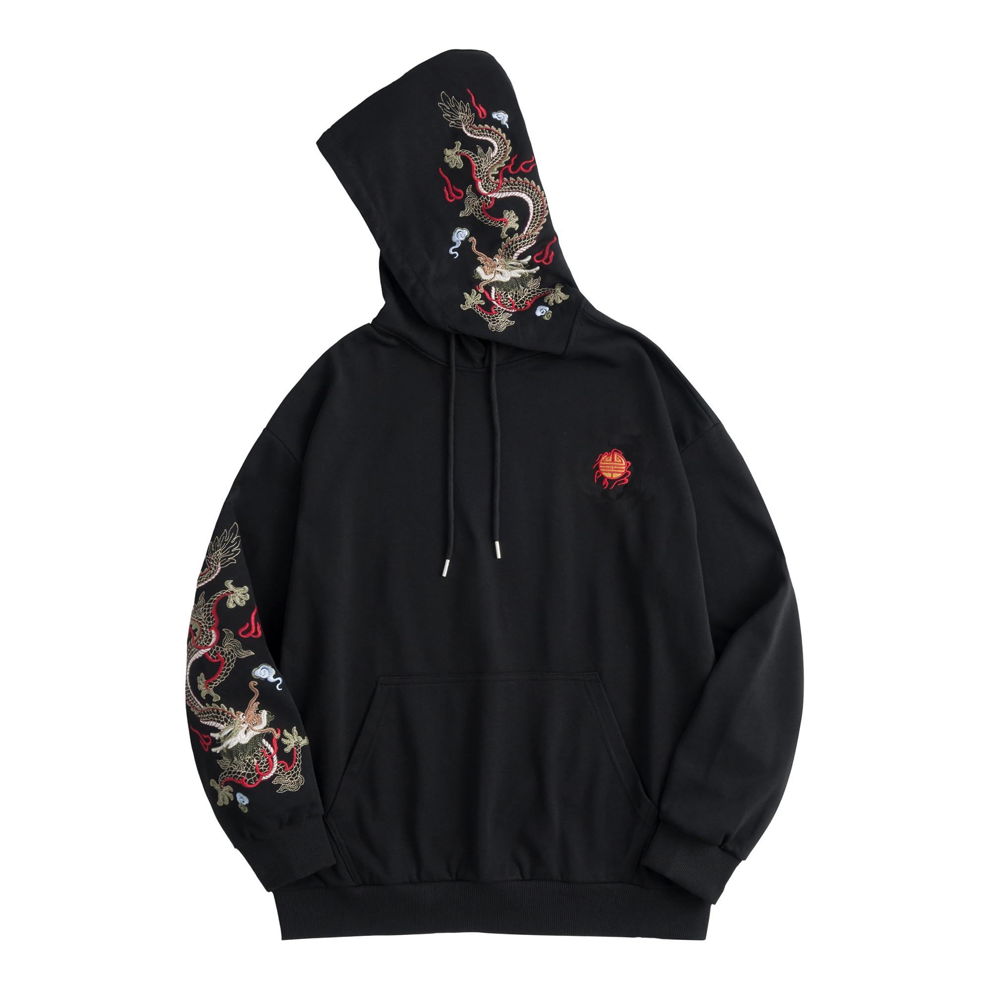 Streetwear - Felpa con cappuccio da uomo con dragone ricamato, pesante, con stampa grafica giapponese Techwear