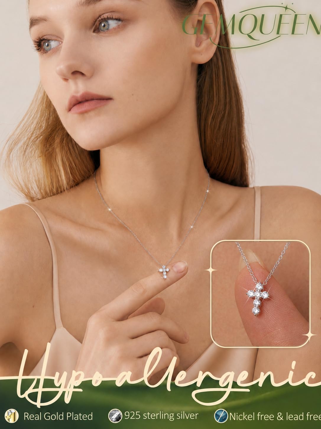 GEMQUEEN Tiny Moissanite Cross Necklace: 14K Gold Plated S925 Sterling Silver Necklaces for Women Hypoallergenic Minimalist D Color VVS1 Dainty Moissanite Jewelry Gift for Wife Adjustable Slider Chain