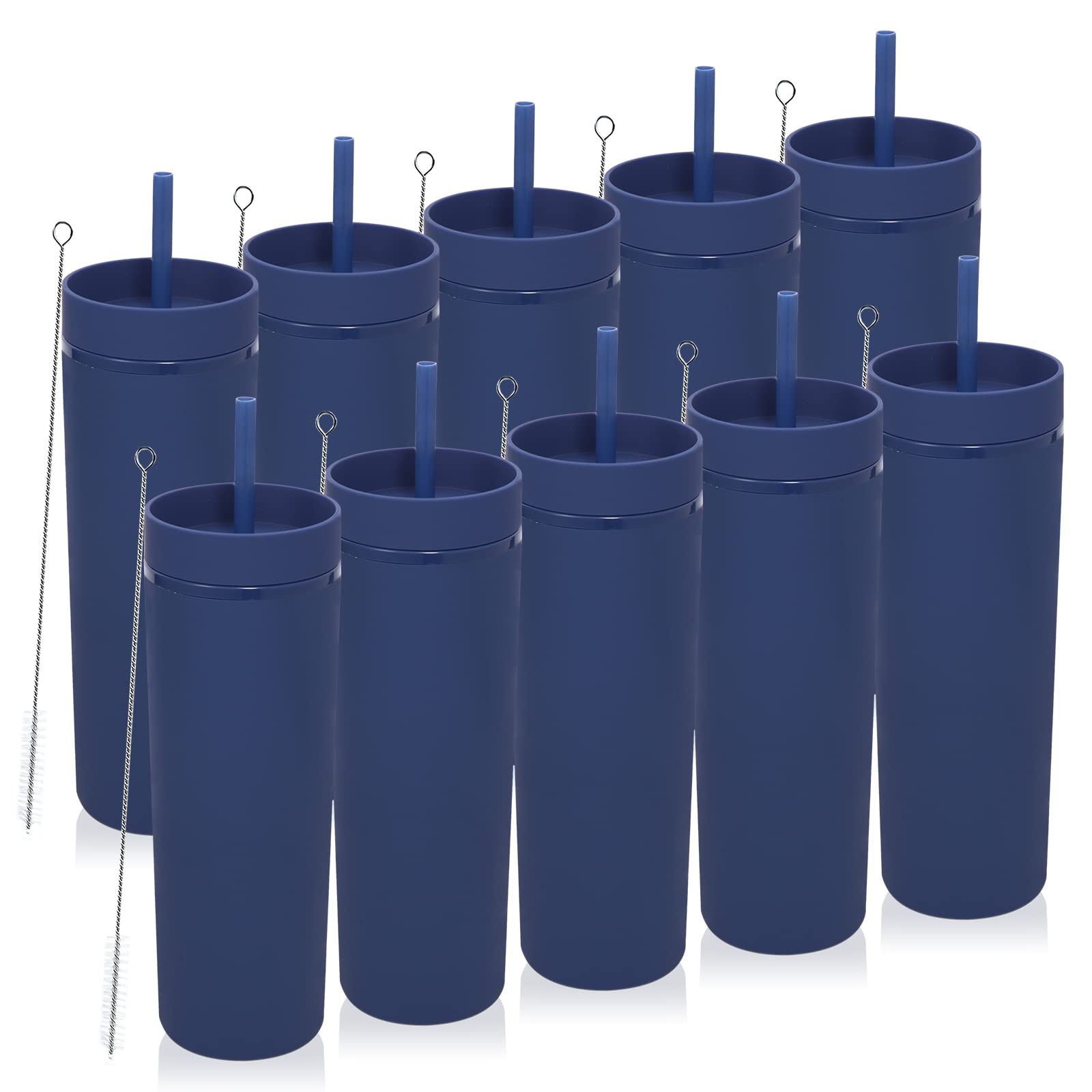 Volhoply 600ml Vasos de Plástico 10 Pack,Vaso de Doble Pared con Tapa y Pajita,Taza de Café Helado de Viaje Reutilizable,Tumbler de Agua de Acrílico Mate Sin BPA para Fiestas,Regalos (Marino,10 Set)
