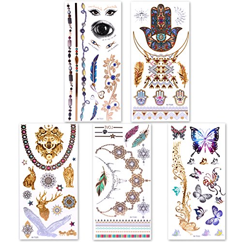 Lady Up Waterproof Metallic Temporary Tattoo 20 sheets in Gold Silver Tattoos,Shimmer Temporary Tattoos for Body Art - Thumbnail 4