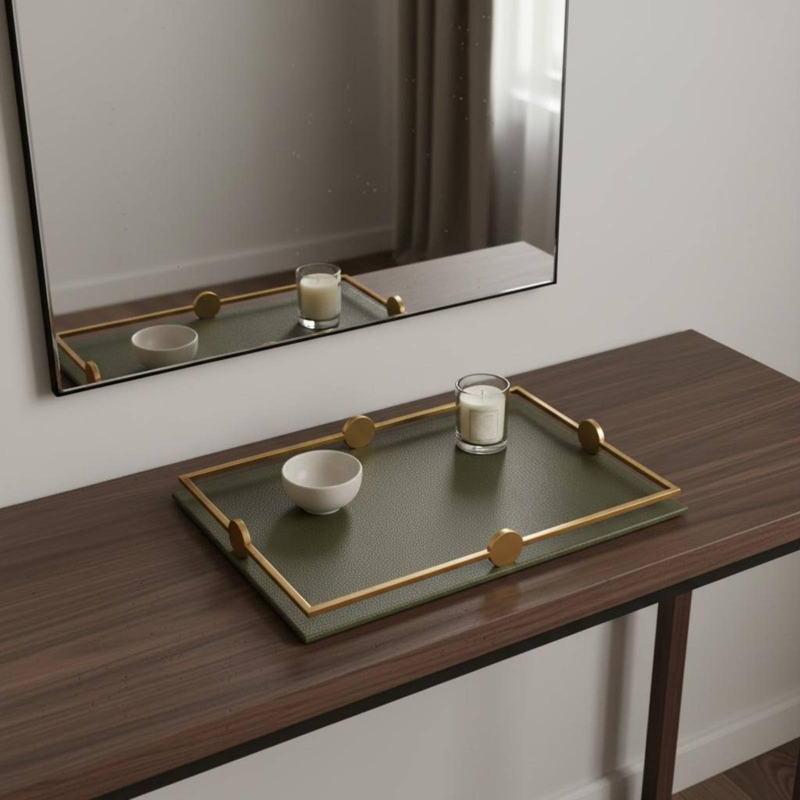 Vassoio Decorativo Organizer Portaoggetti Porta Gioielli Rettangolare con Design Moderno in Pelle E Metallo Perfetto per Tavolino Soggiorno Consolle Scrivania, Verde