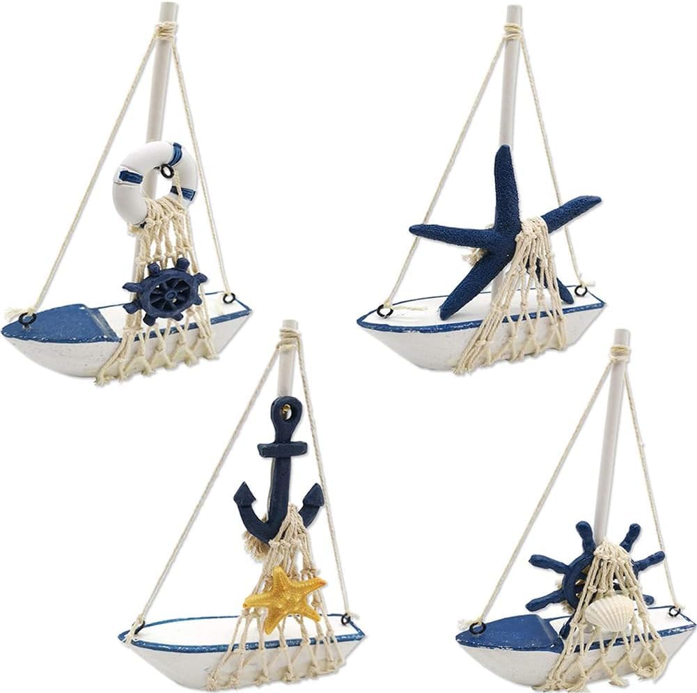 Handmade Nautical Sailing Boat Decoration, 4 PCS Mini Sailboat Model Decoration Wooden Miniature Sailing Boat Home Desk Room Decor Set, Beach Nautical Design, Navy Blue and White (4.4 x 6.8 Inch)