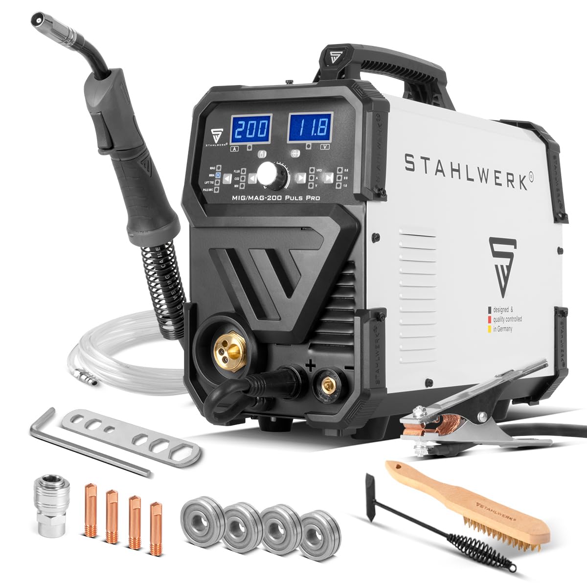 STAHLWERK Schweißgerät 5-in-1 Kombi MIG/MAG 200 Puls Pro – vollsynergisch Schweißen bis 200 A, FLUX (Fülldraht), Lift-TIG, MMA (ARC) und Puls-MIG für Aluminium in einem Gerät, 4-Rollen-Antrieb, IGBT