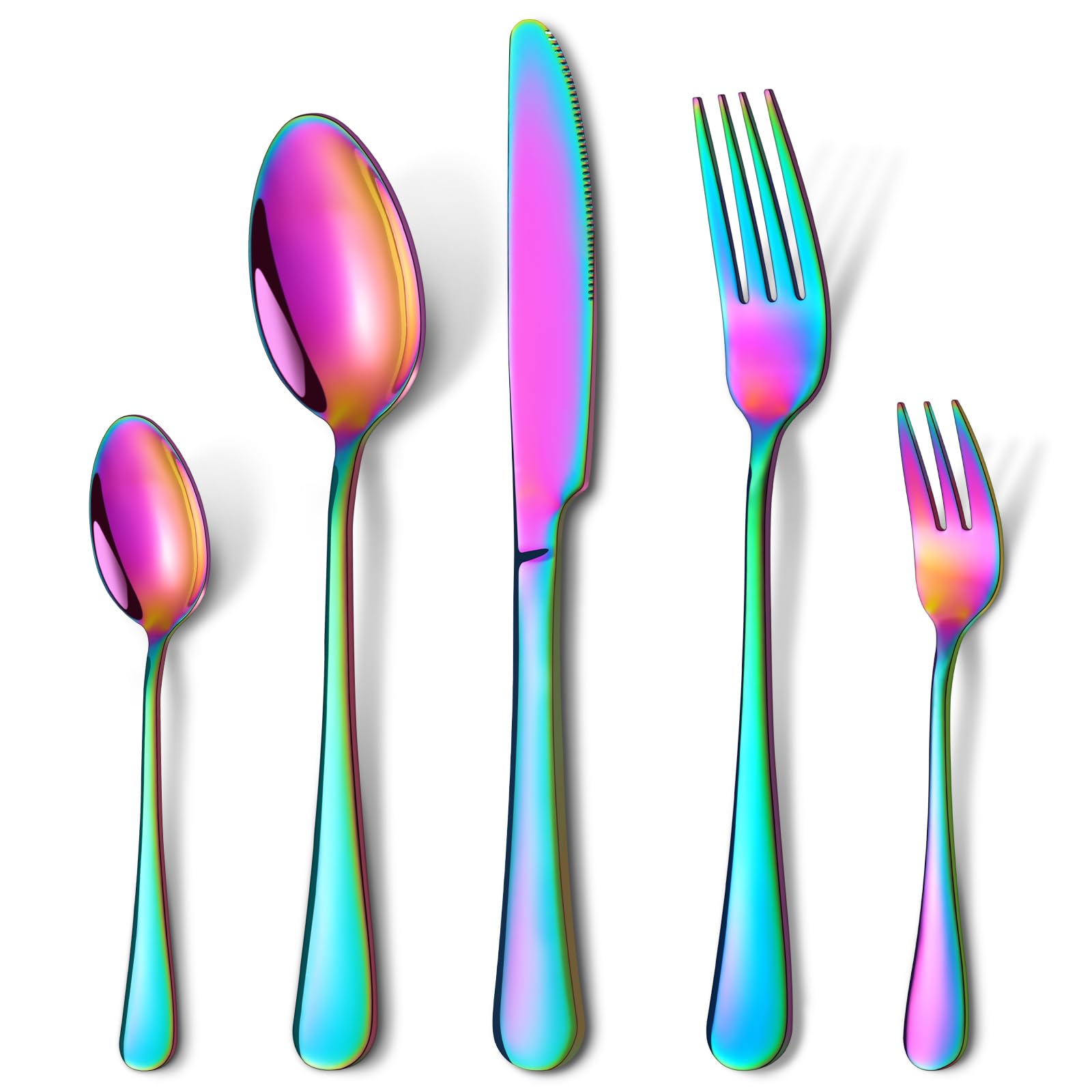 HONKKU Set de couverts pour 6 personnes, 30 pièces arc-en-ciel avec couteau, fourchette, cuillère, couverts en acier inoxydable poli miroir, passe au lave-vaisselle