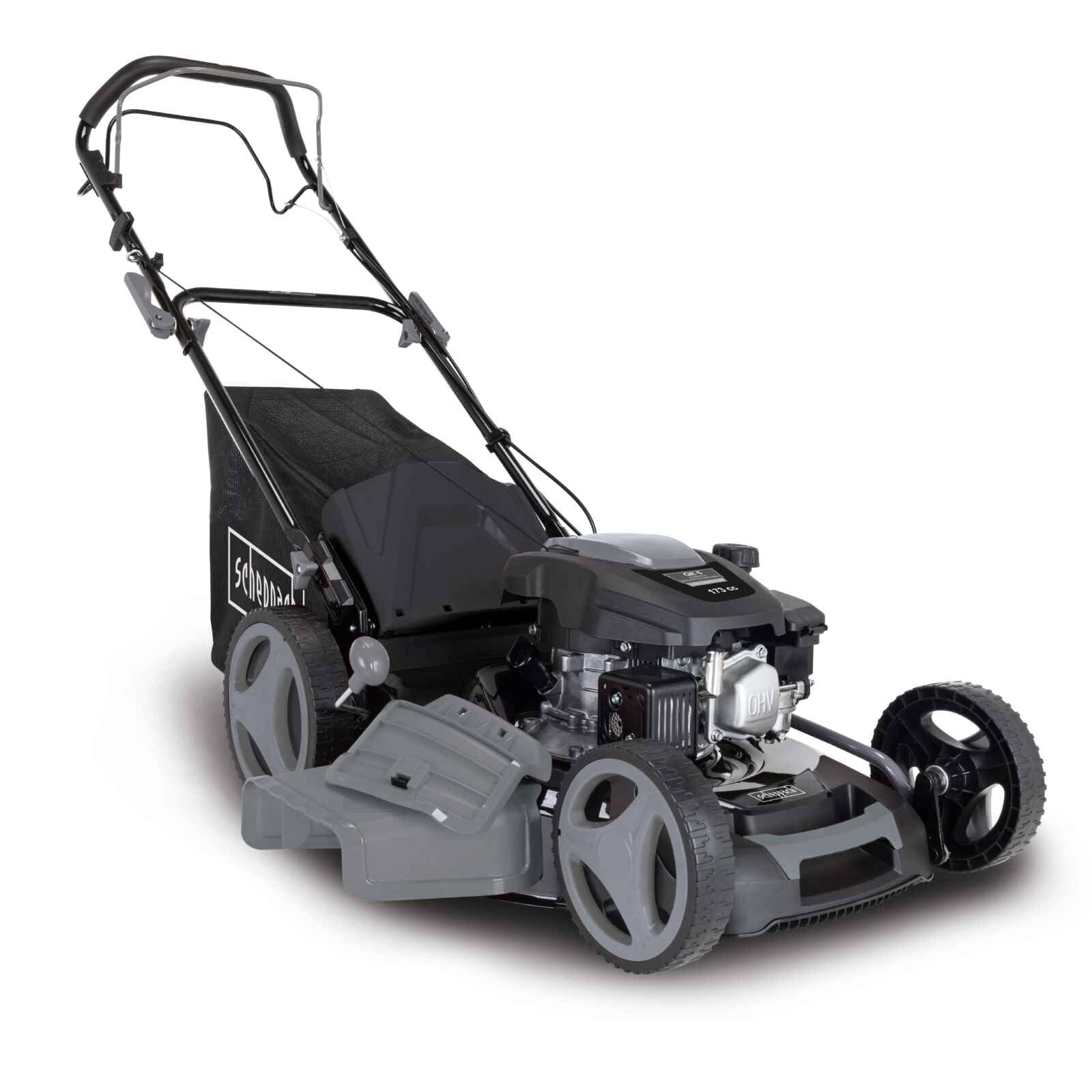 Scheppach MS173-51B Black Edition Rasenmäher Benzin - 51cm Schnittbreite | Reinigungsfunktion | 65 Liter Fangkorb | Stahlgehäuse | 7-stufige Höhenverstellung | Mulchfunktion | Antrieb | Seitenauswurf
