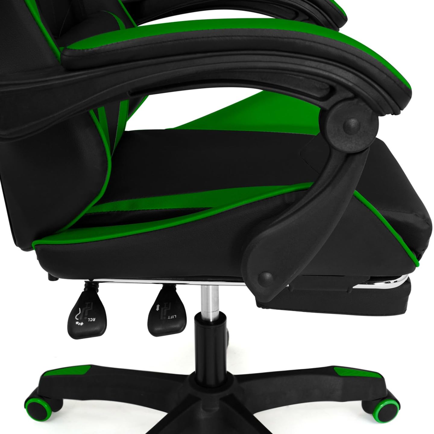 IDMarket Alex - Sillón de juego ajustable con reposapiés, cojín de cabeza y cojín Lumbar, color negro y verde
