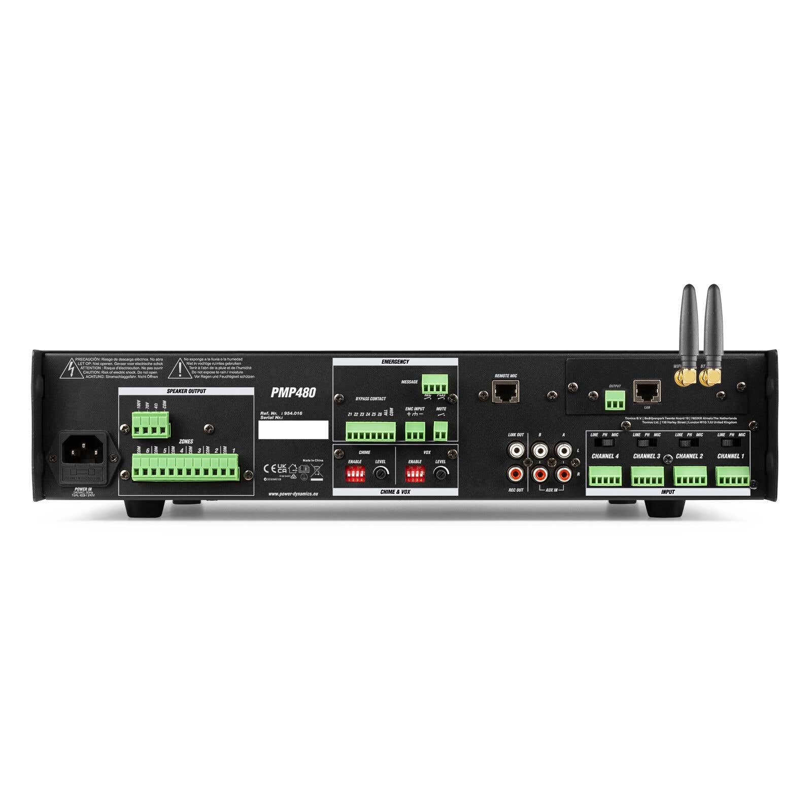Power Dynamics PMP480 Amplificatore 100 V 6 Zone - 480 Watt, 4 canali, 70 V/100 V, 4-16 Ohm, ingresso Micro RJ45, alimentazione fantasma, ideale per suonare un negozio, centro commerciale