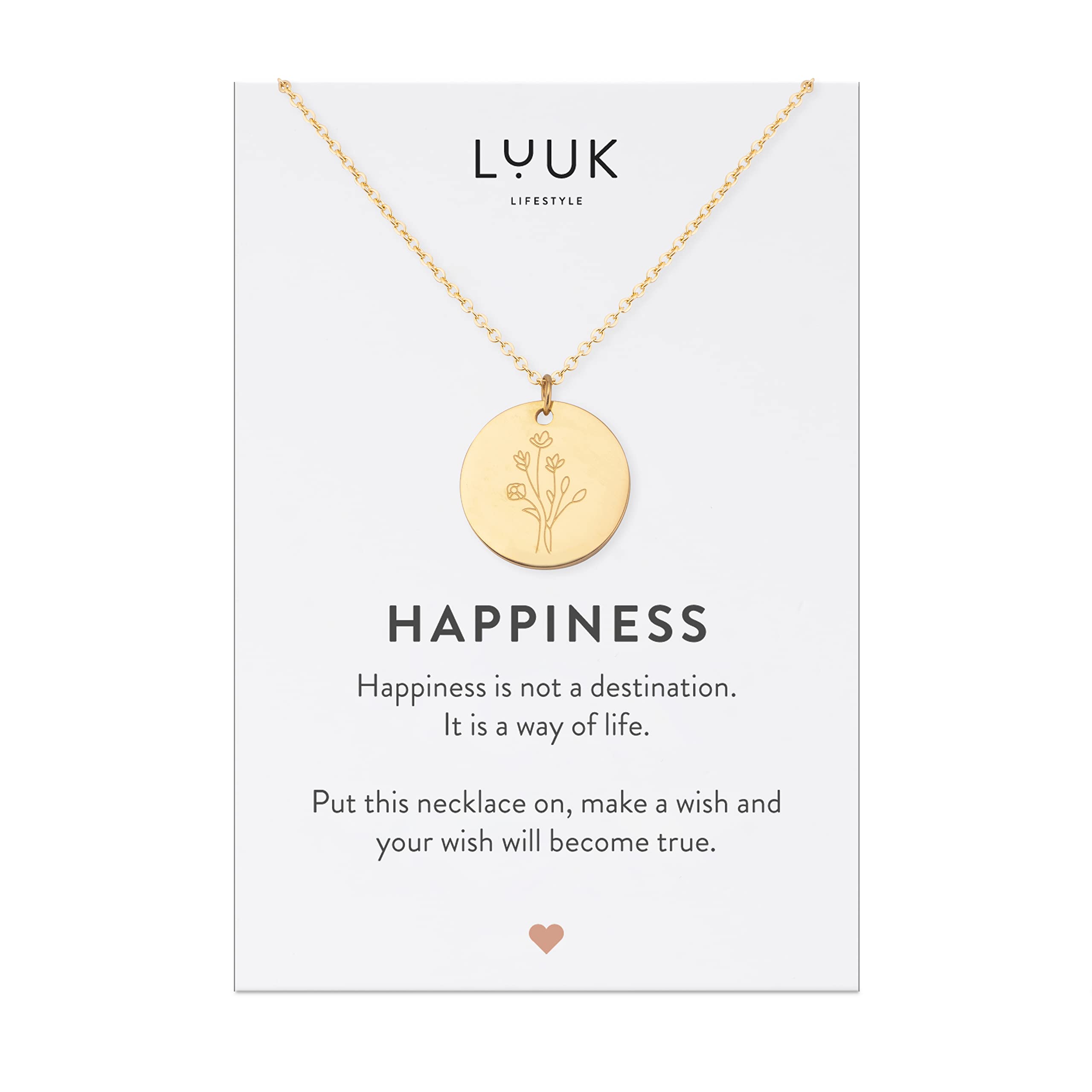 LUUK LIFESTYLE Collane con diverso Ciondolo (50 cm) in Acciaio Inossidabile e cartolina HAPPINESS, Regali per Lei, Donna, Ragazza, Moglie, Mamma, Amica, Gioielli, Argento, Oro e Oro rosa