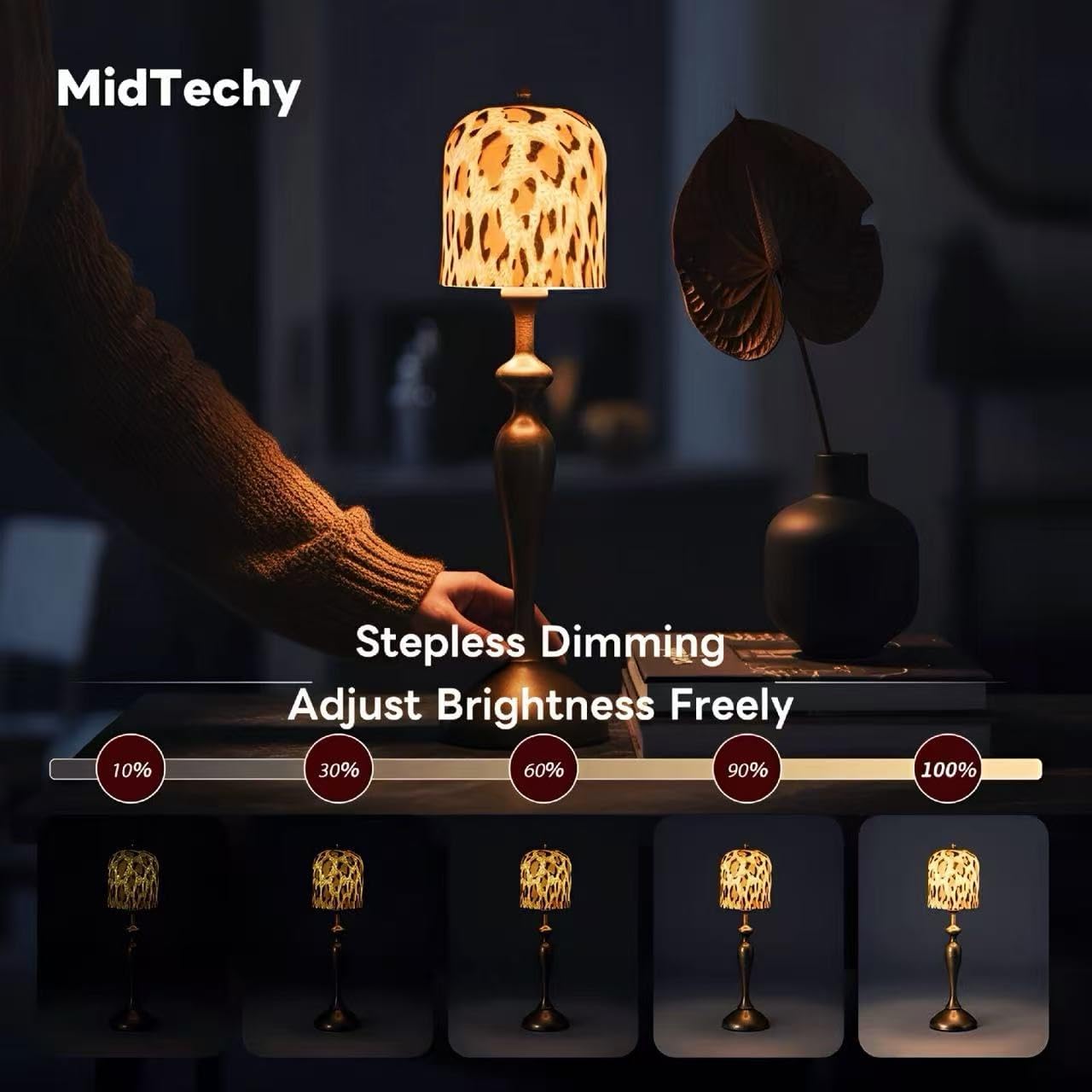 Cheetah Print Lamp leopard lamp Long-Lasting Battery USB Rechargeable Touch Dimmable LED Table Lamp, Cordless Light with Ceramic Lampshade & Brass Base, Retro Decor for Bedroom Living Room Dining