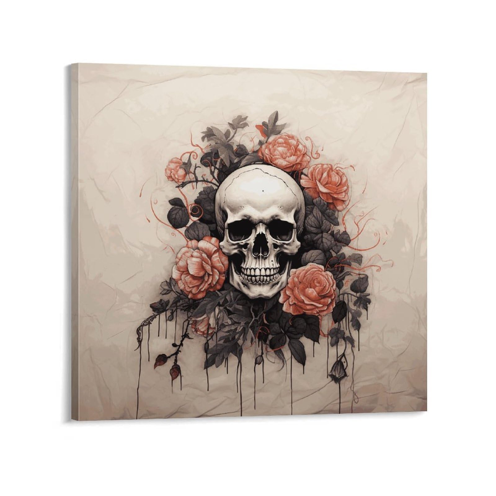 KLOPH Ancient Skull And Flowers Canvas Wall Art for Living Room 12x12inch Modern Artwork Painting for Bathroom Hanging Canvas Prints Aesthetic Wallart for Bedroom Kitchen Office Wall Decor