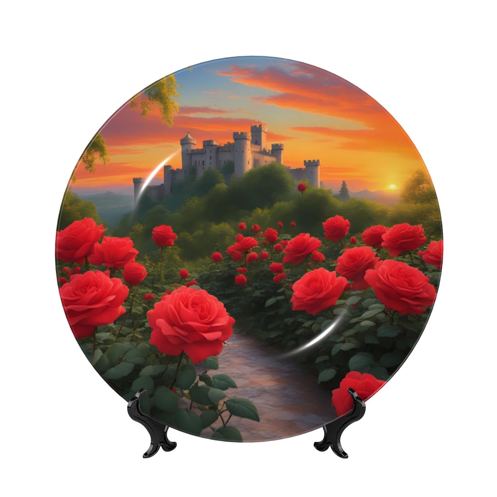 SXZVVBN A beautiful castle Bone China Decorative Plate Art with Stand Removable Adhesive Hanging for Home Office 10in（25cm）