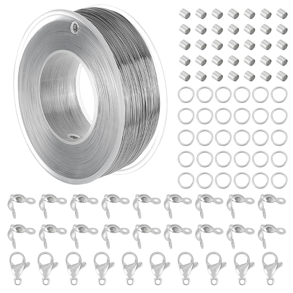 BENECREAT Filo per Perline In Acciaio Inossidabile Da 0.3 mm, Filo di Coda di Tigre Da 300 m con 200 anelli di Salto, 200 perline A Crimpare, 100 punte per Perline e 30 chiusure A Moschettone