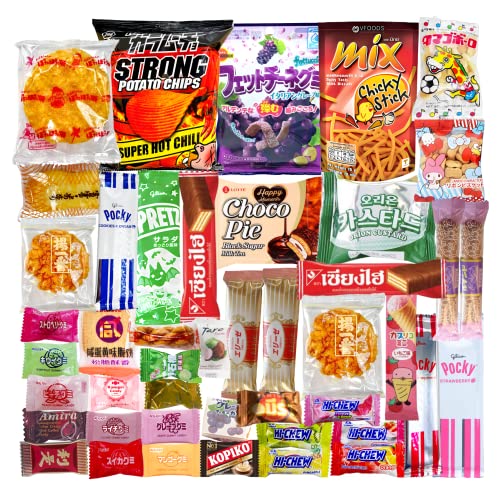 International Asian Assorted Mystery Snack Box |45 Items Included 3 Full-Sized Items | Variety Pack of Best Tasting Snacks and Candies from Thailand, Korea, Japan, China, Indonesia, etc.