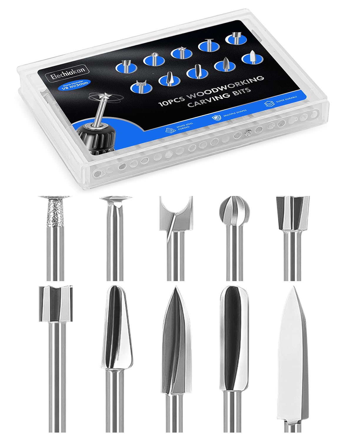 10 PCS Wood Carving Drill Bits Set for Dremel Router and Rotary Tool Engraving Bits, 1/8 Inch Shank for Dremel Tool Accessories Attachments, Micro