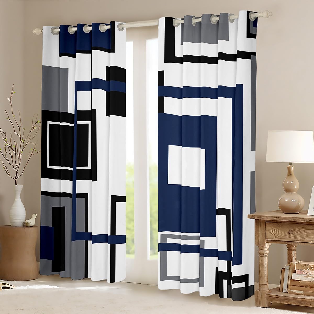 Homewish Navy Blue Square Window Curtains for Teen Boys Bedroom 46x54 Black White Grey Geometric Window Curtains Striped Blackout Curtains for Kids,Abstract Grids Window Treatments 2 Panels - Image 4