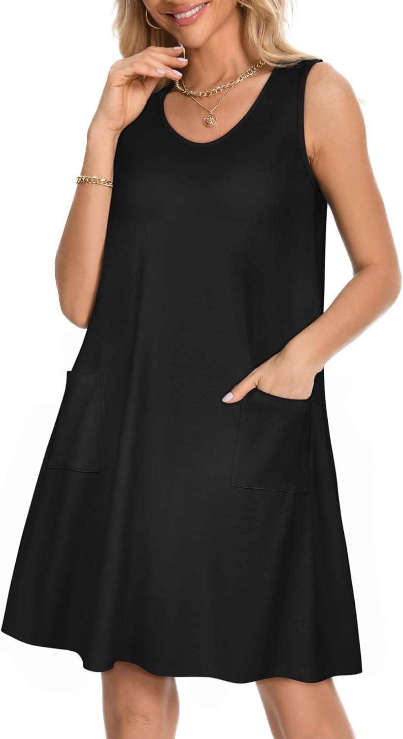 elescat Womens Summer Dresses Casual V Neck Sleeveless Pockets Beach Loose Tank Sundress - Image 4