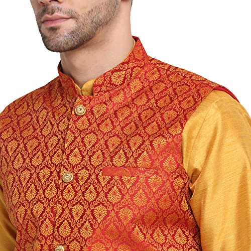Image of KRAFT INDIA Mens Gold Silk Blend Kurta and Churidar Set With Jacquard Paisley Nehru Jacket