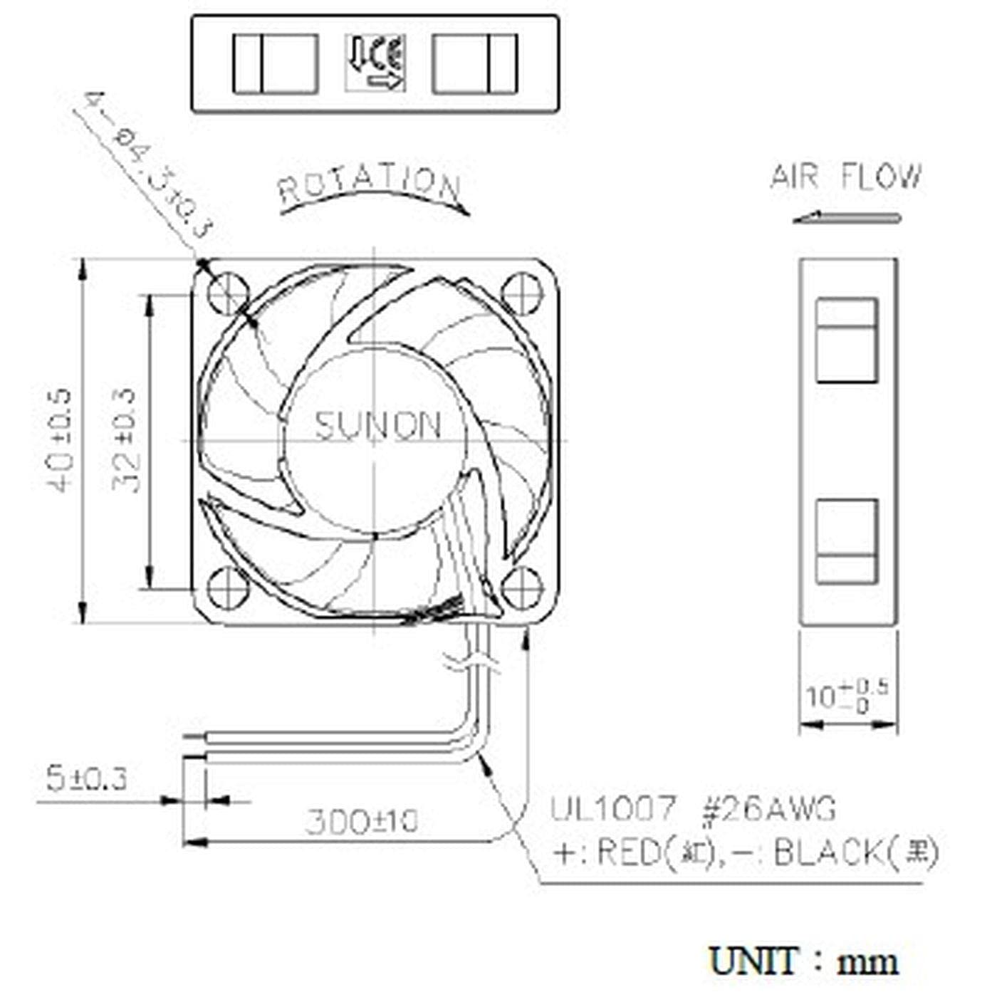 Wentylator 12V DC 0,38W 40x40x10mm 9,2m³/h 5000U/min 9,2m³/h Sunon HA40101V41000UA99
