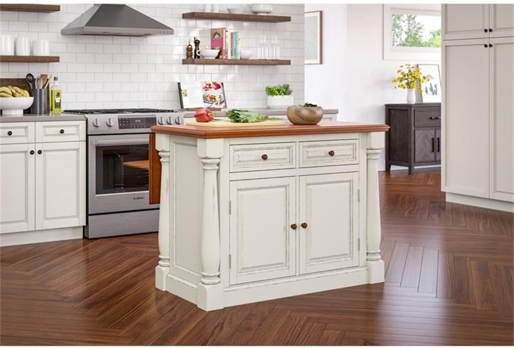 BOWERY HILL Wood Kitchen Island, Solid Hardwood Top, Off White Finish, 2-Drawer 4-Shelf Design, Adjustable Storage, Drop Leaf Counter for Dining or Prep, Antique Style, Space-Saving Morning or