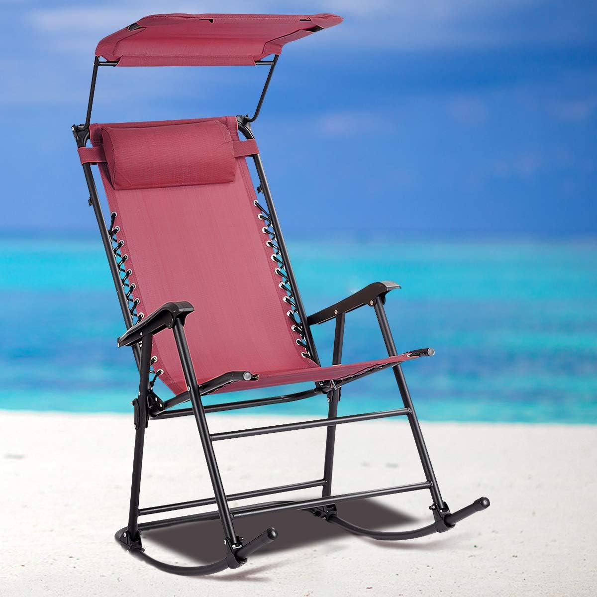 Goplus Folding Rocking Chair w/Shade Canopy, Portable Zero Gravity Recliner for Outdoor Lawn Beach Patio Pool