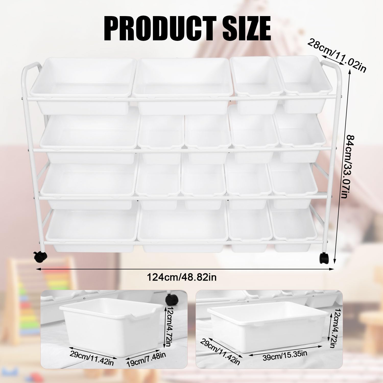 Organizador Almacenamiento Juguetes Niños, Estante Juguetes 4 Niveles con 18 Contenedores Plástico Caja Soporte Estantería Niños Estante Organizador Almacenamiento Muñecas para Guardería
