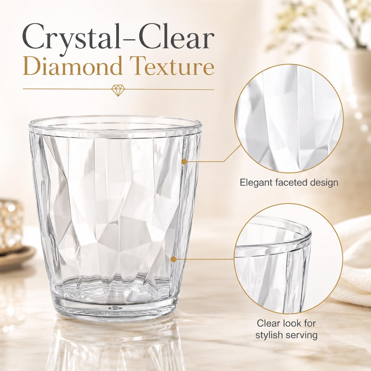 Lot de 12 gobelets en plastique transparent de 300 ml, réutilisables avec motif diamant, gobelets légers pour fête, pique-nique, camping, jardin, jus et boissons froides