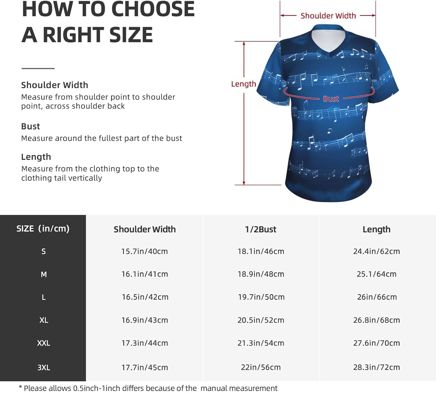 Women Casual Blue Musical Notes Print V-Neck T-Shirt Short Sleeve Summer Trendy Tops.