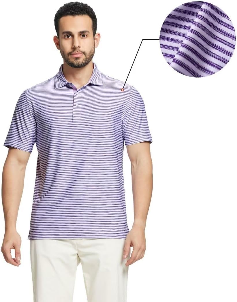 M MAELREG Golf Polo Shirts for Men Short Sleeve Dry Fit Striped Performance Moisture Wicking Collared Casual Mens Golf Shirt