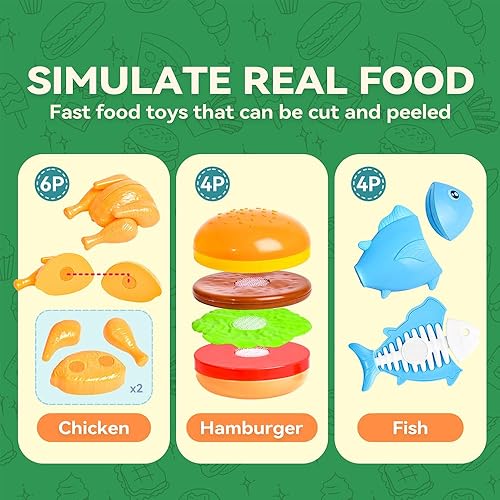 Miniatura 3 de Juego de comida de juego de simulación para niños, juego de cocina - 45 juguetes de corte 3 en 1 para niños con carrito de almacenamiento plegable