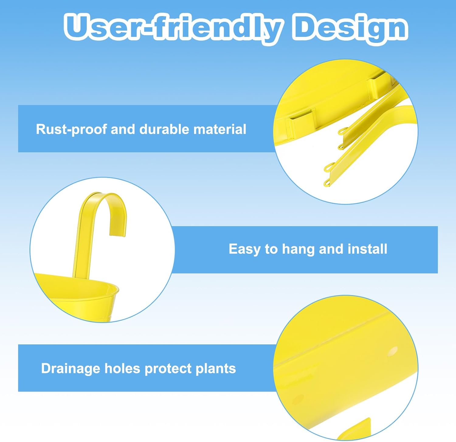 uxcell Rail Planter for Outdoor Plants, 4 Pcs 11" Iron Wall Hanging Planters Fence Railing Balcony Planters with Drainage Holes and Detachable Hooks, Yellow