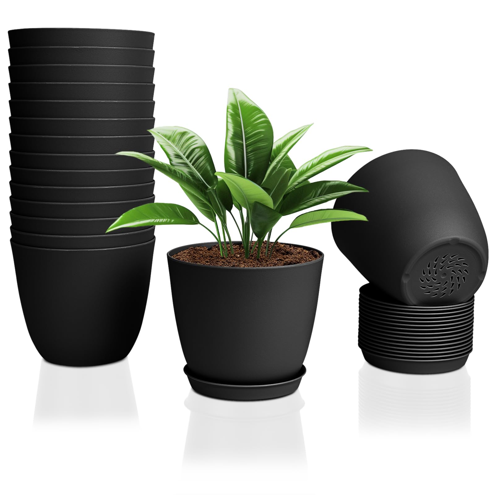 FORAGIFT 16 Pack 15cm Plastic Plant Pots for Indoor Flower Pots Heavy Duty and Stylish Plant Pots for Indoor Plants with Drainage Holes and Tray for Plants Flowers