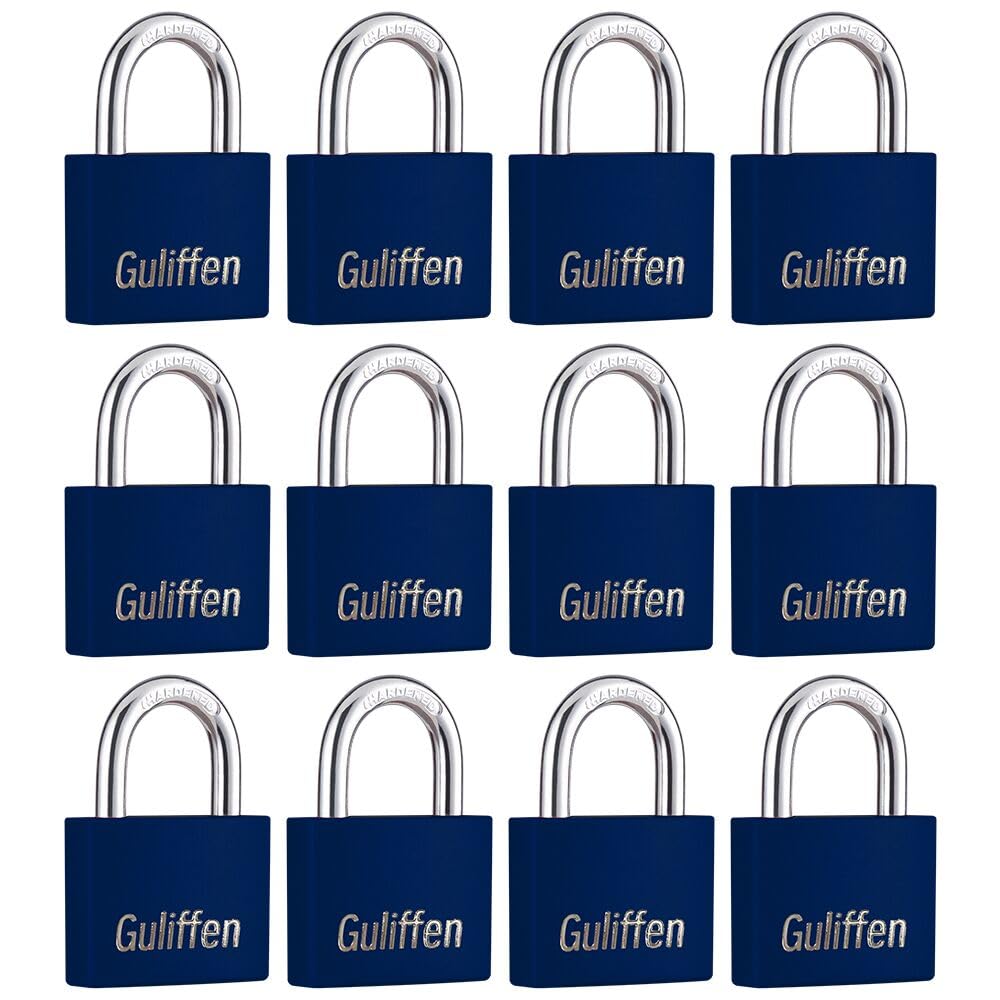 Guliffen Aluminum Padlocks, 12 Pack Blue Keyed Alike, Keyed Padlocks, Securey Style, PVC Casing, Indoor and Outdoor Use
