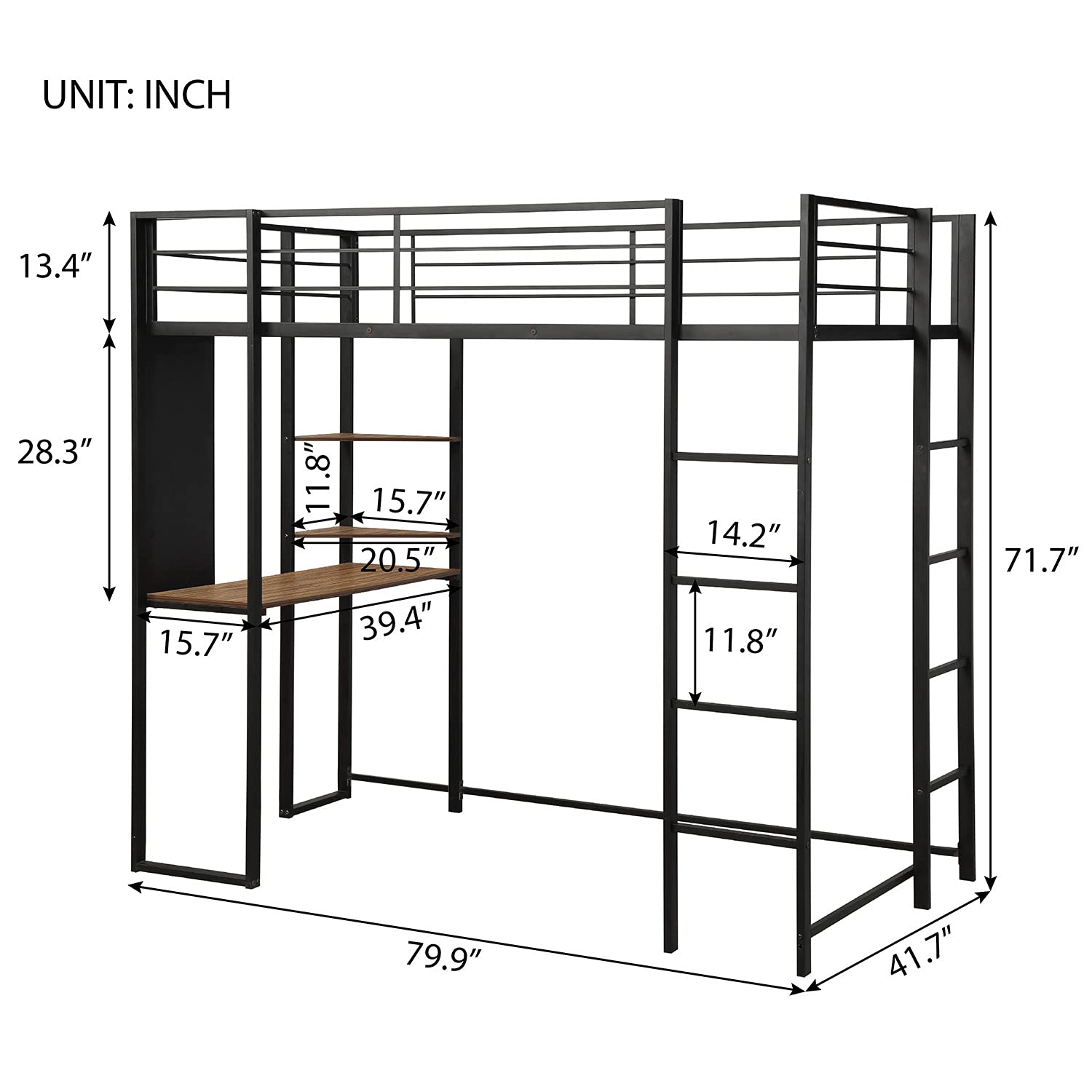 Metal Twin Loft Bed, Loft Bed with Desk, Twin Size Loft Bed Frame with