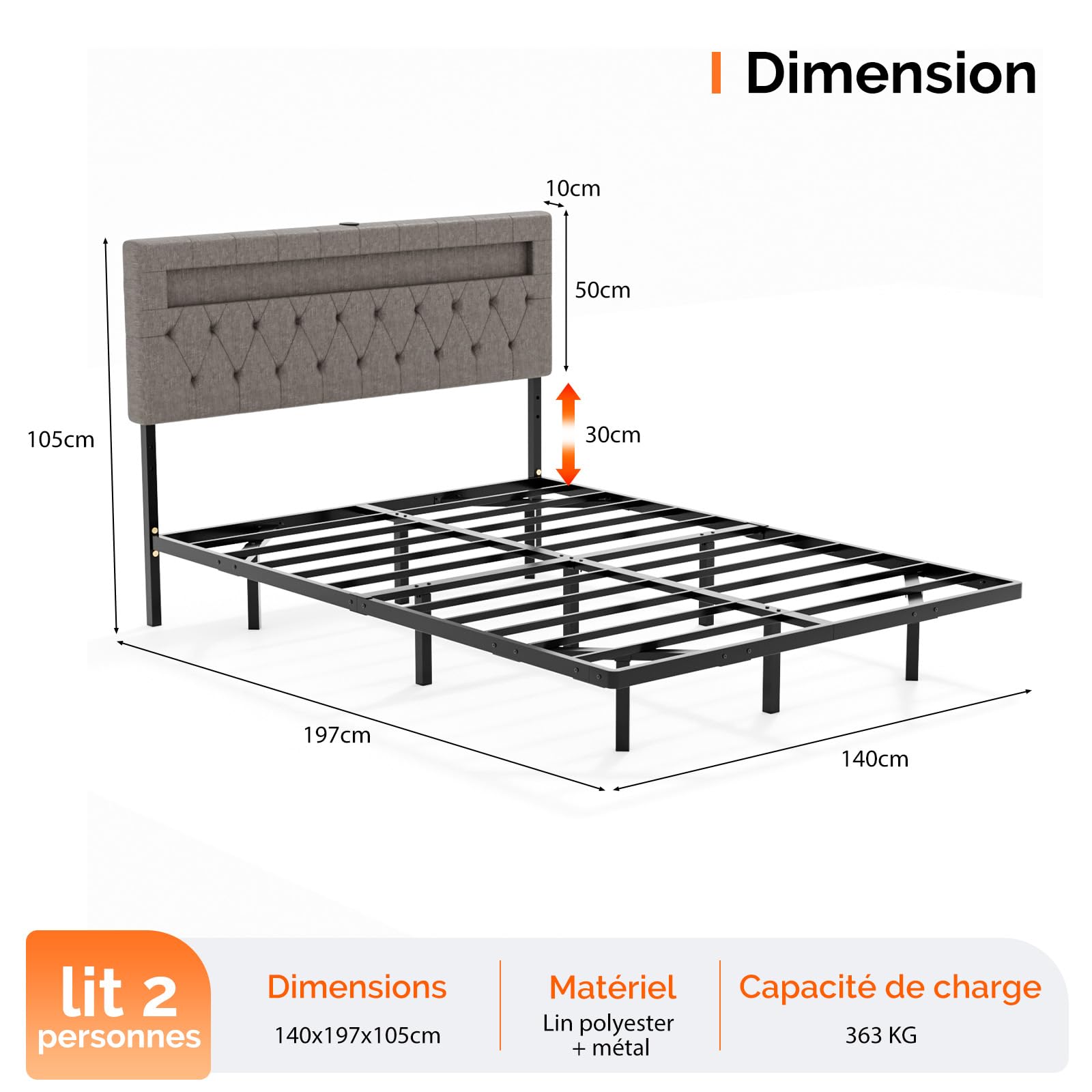Bonnlo Lit 140 x 190 avec Sommier, Lit 2 Personnes Flottant avec Éclairage LED et Ports USB/Type-C, Tête de Lit Tapissée avec Rangement, Structure Stable en Métal, Tissu en Lin Gris
