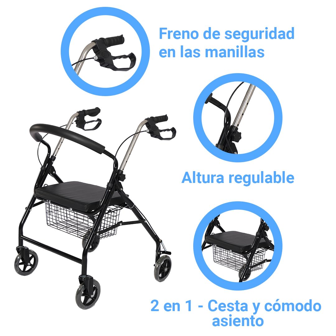 Andador plegable ultraligero con ruedas, frenos, cesta y asiento ergonómico para personas mayores, 4 ruedas de freno, marca CE europea negra