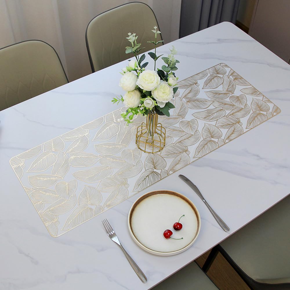 Hosoncovy PVC Table Runner Non-slip Decorative Leaf Table Mats Placemat for Home Party Kitchen Dining Wedding Decor (91CM X 33CM) (Gold)