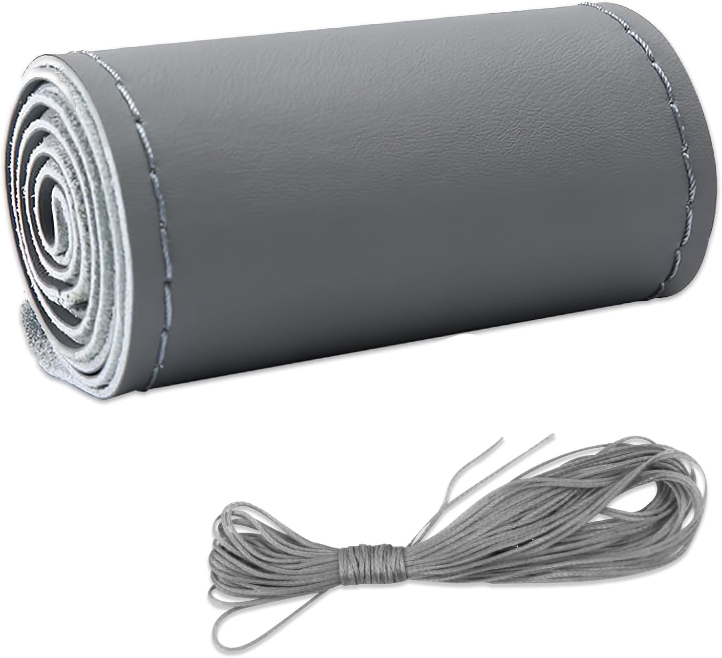 Leather Steering Wheel Cover, DIY Sewing with Needle & Thread, Breathable Anti-Slip Car Steering Wheel Protector, Universal 15 Inch Auto Steering Wheel Stitch on Wrap (Grey, Glossy)