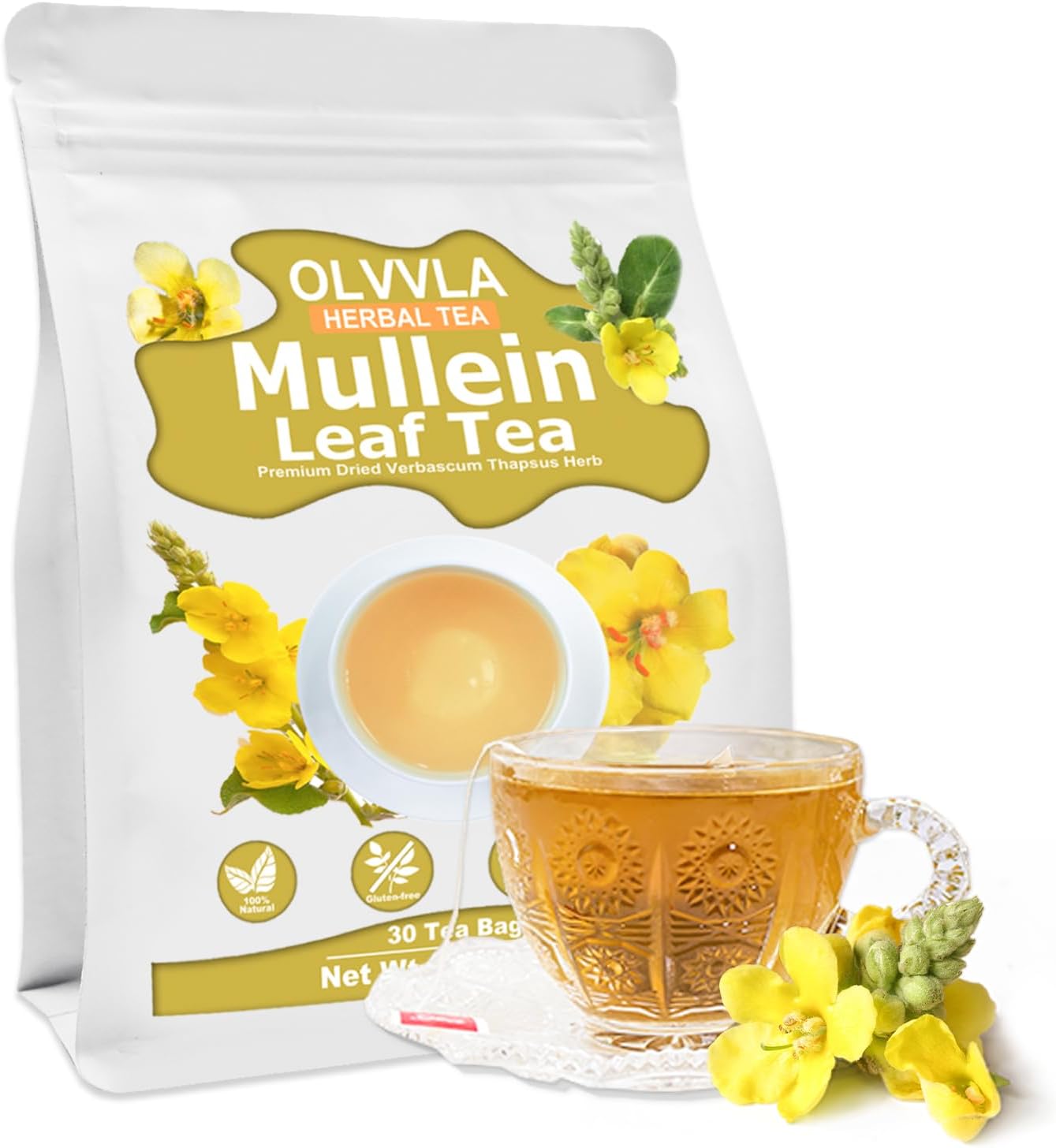 Olvvla - Mullein Tea Bags For Lungs - 3g X 30 Count - 100% Natural Mullein Leaf Tea - Lung Cleanse Herbal Tea - Non-GMO - Caffeine-free - Help Soothe & Relax