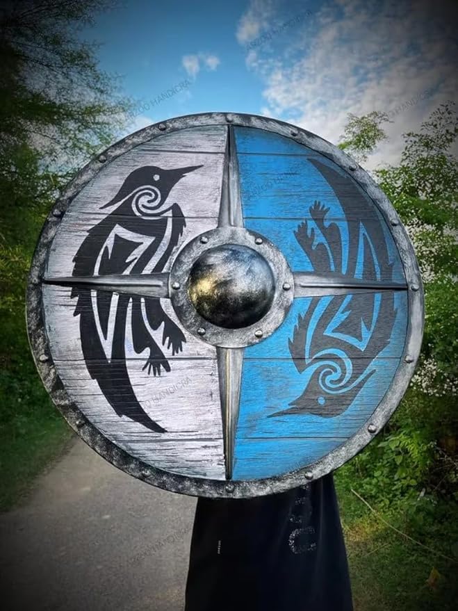 Handgemachter 24-Zoll-Hölzerner Eivor Valhalla Rabenschirm - Norwegischer Wikinger Wanddekoration Sturmschild - Wikinger Schwert und Schild, Mittelalterliche Kriegsspiele Zubehör