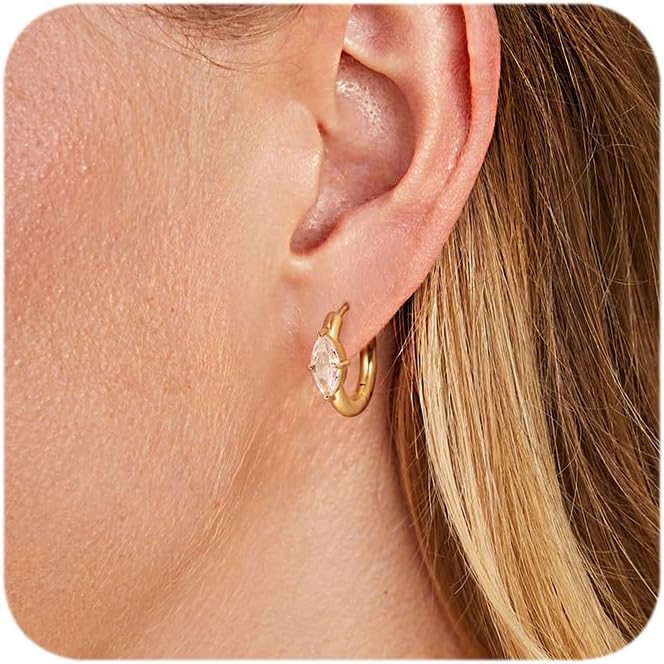 Gold Hoop Earrings for Women, 14k Real Gold Plated Cubic Zirconia Marquise Oval Teardrop Diamond Huggie Hoop Earrings for Men Sterling Silver Post Hypoallergenic Lightweight Dainty Hoop Jewelry