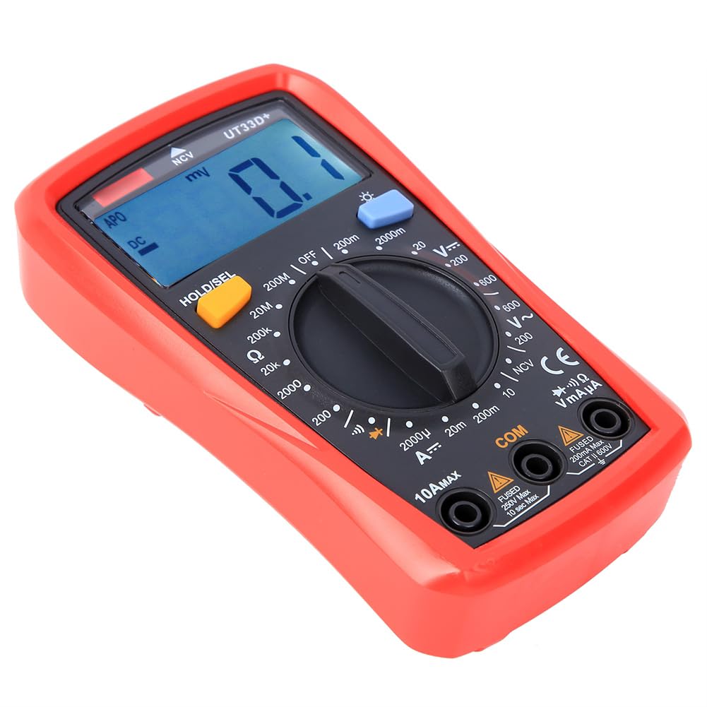 Davant view of Srliya UT33D Digital Multimeter showing display, rotary switch, and input jacks